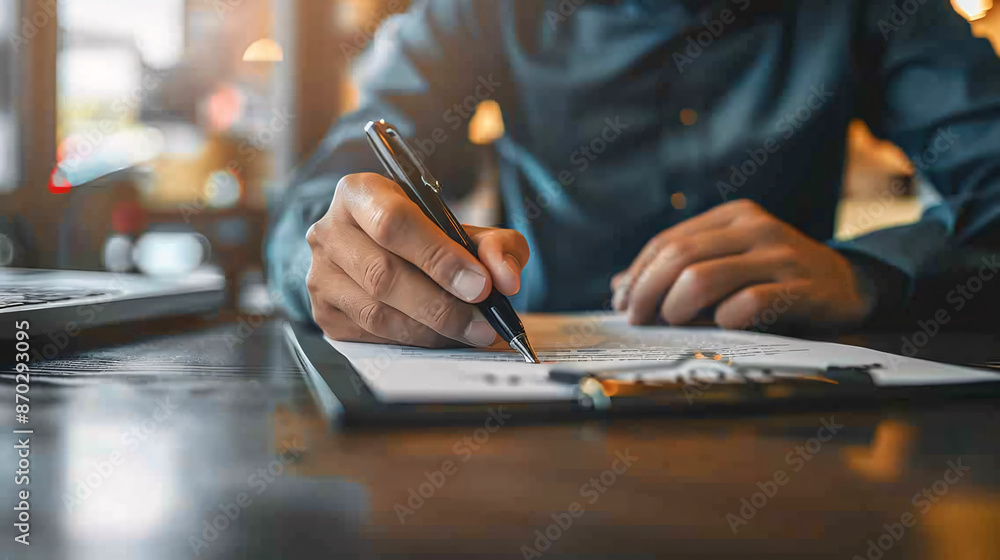 An image of an auto insurance policy being signed by a customer with a salesman standing by, ensuring the warranty and guarantee of the coverage. An image of an auto insurance policy being signed by a customer with a salesman standing by, ensuring the warranty and guarantee of the coverage.
