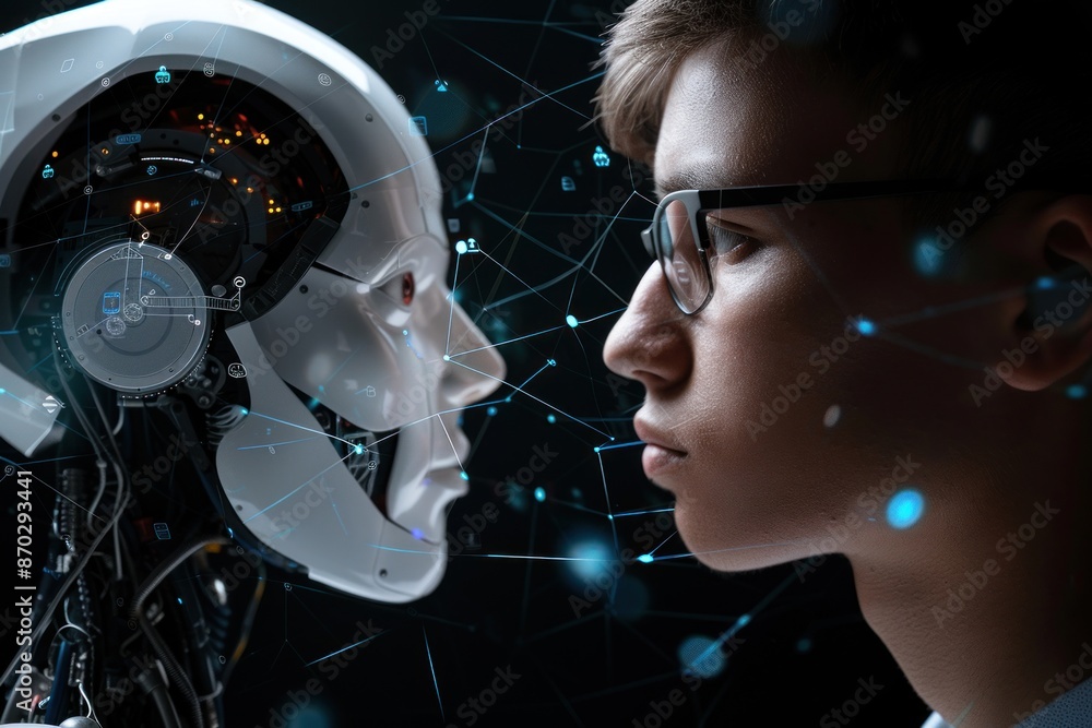 man face to face with white ai robot on black background. ai generative man face to face with white ai robot on black background. ai generative