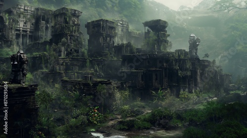 Desolate Post-Apocalyptic World with Crumbling Buildings and Overgrown Vegetation, Featuring Battle-Worn Robots Engaged in Repairs and Scavenging for Resources in a Ruined Cityscape