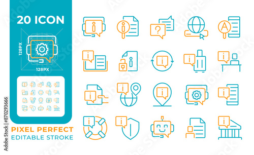 FAQ two color line icons set. Customer service. Help and guidance. Online support. Icons with chat bubbles bicolor outline iconset isolated. Duotone pictograms thin linear. Editable stroke