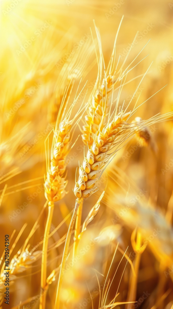 A close-up photo of ripe wheat stalks in a field at sunset, with the sun shining through the stalks A close-up photo of ripe wheat stalks in a field at sunset, with the sun shining through the stalks