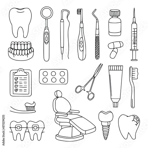 Dental clinic equipment outline doodle hand drawn vector illustration