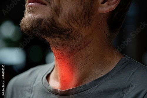 Man neck closeup with red elements to show the pain spot. ai generative photo