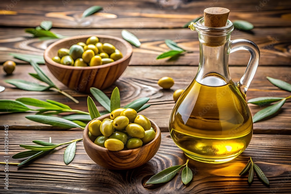 Olive oil and olives on wooden table. Olive oil and olives on wooden table.