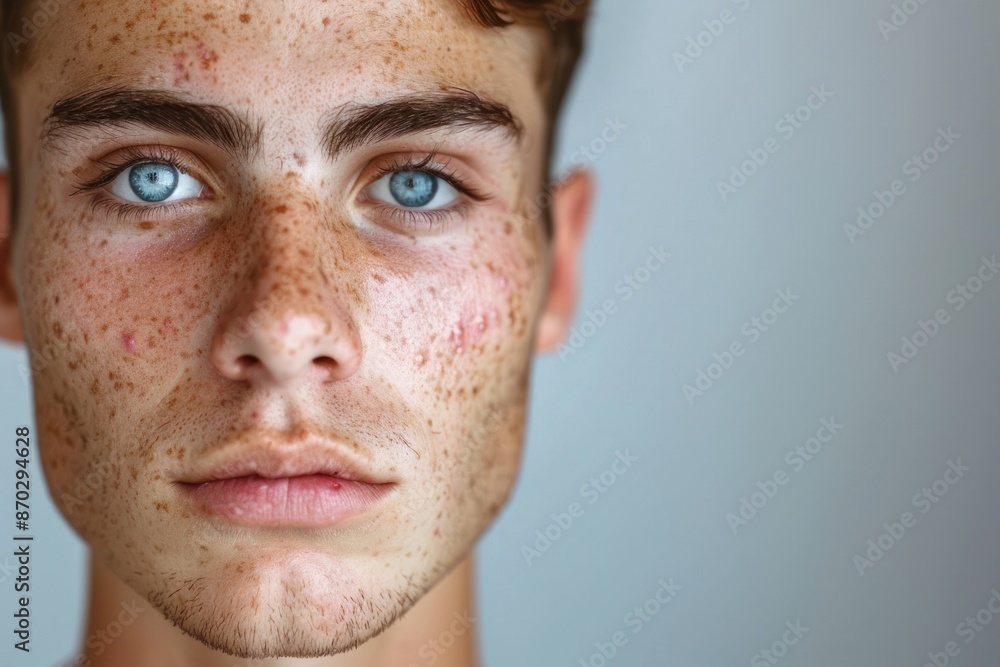 Fototapeta premium man with acne skin problem on face portrait, cosmetics for clean and natural skin for men. ai generative