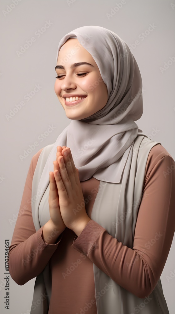European muslim woman praying to God with hands up on grey background European muslim woman praying to God with hands up on grey background