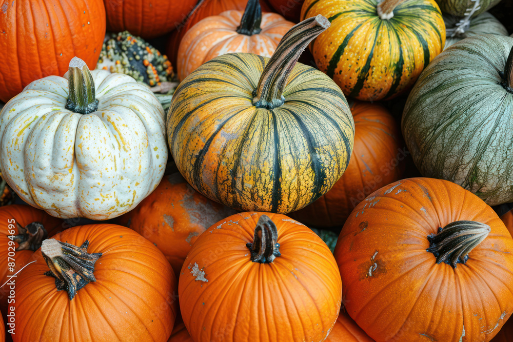 A close-up view of a variety of pumpkins, showcasing different colors and sizes, at a market A close-up view of a variety of pumpkins, showcasing different colors and sizes, at a market