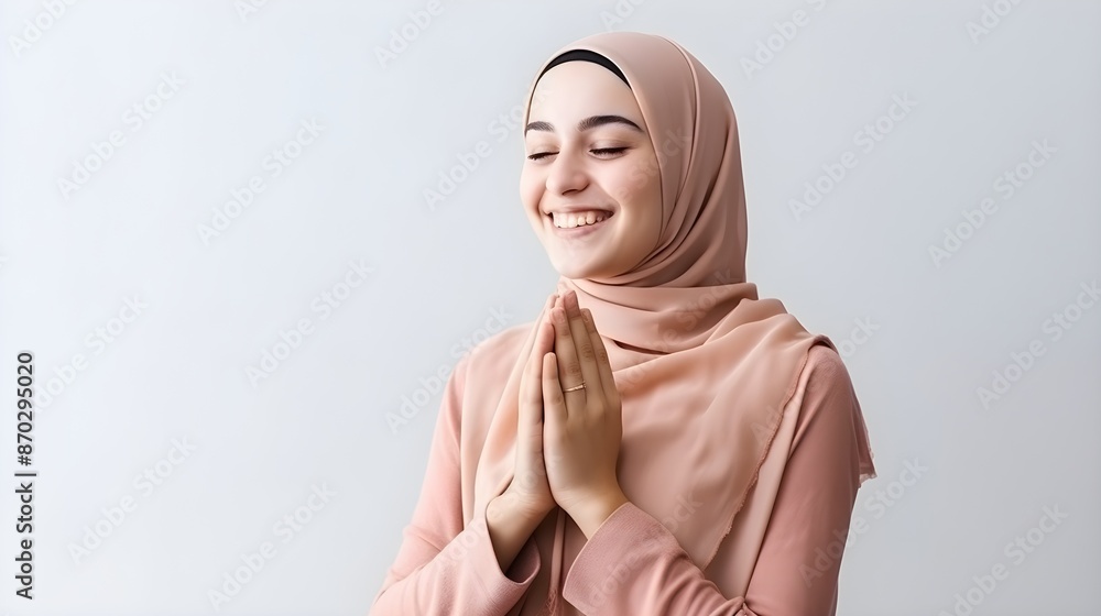 European muslim woman praying to God with hands up on grey background European muslim woman praying to God with hands up on grey background
