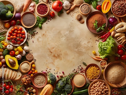 World Food Day: Diverse foods from around the world arranged in a circle, with farmers and chefs. Warm, inviting colors. copy space for text, sharp focus and clear light, high clarity no grunge,