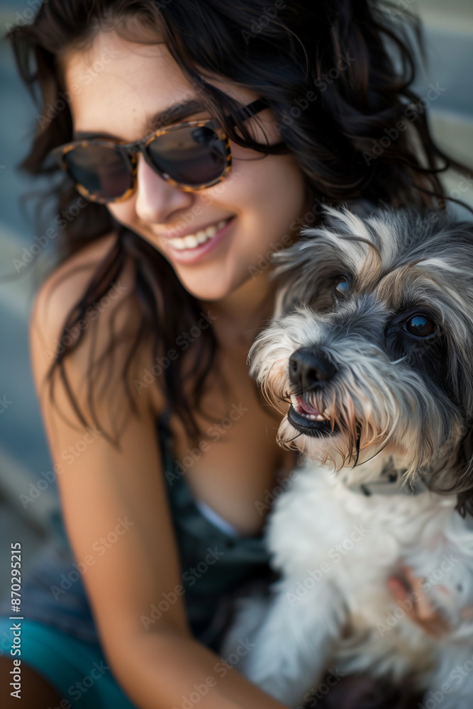 Portrait of a happy Latin teenager girl with her gray and white Havanese dog, wearing sunglasses on a sunny day with strong sunlight and shadows. International dog day. Portrait of a happy Latin teenager girl with her gray and white Havanese dog, wearing sunglasses on a sunny day with strong sunlight and shadows. International dog day.