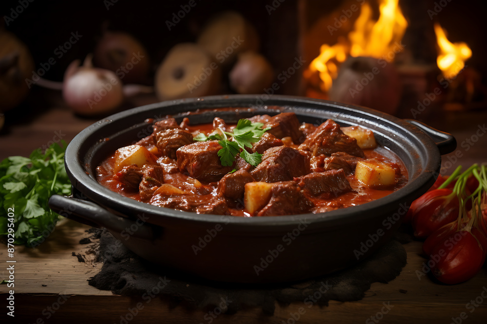 Beef stew with vegetables and herbs in a pot on a black background Beef stew with vegetables and herbs in a pot on a black background