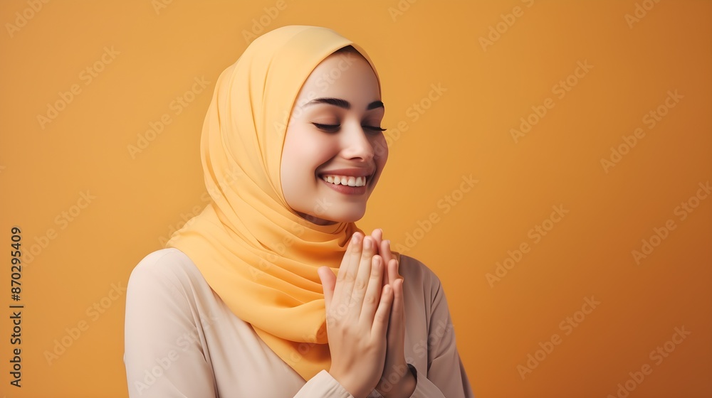 European muslim woman praying to God with hands up on orange background European muslim woman praying to God with hands up on orange background
