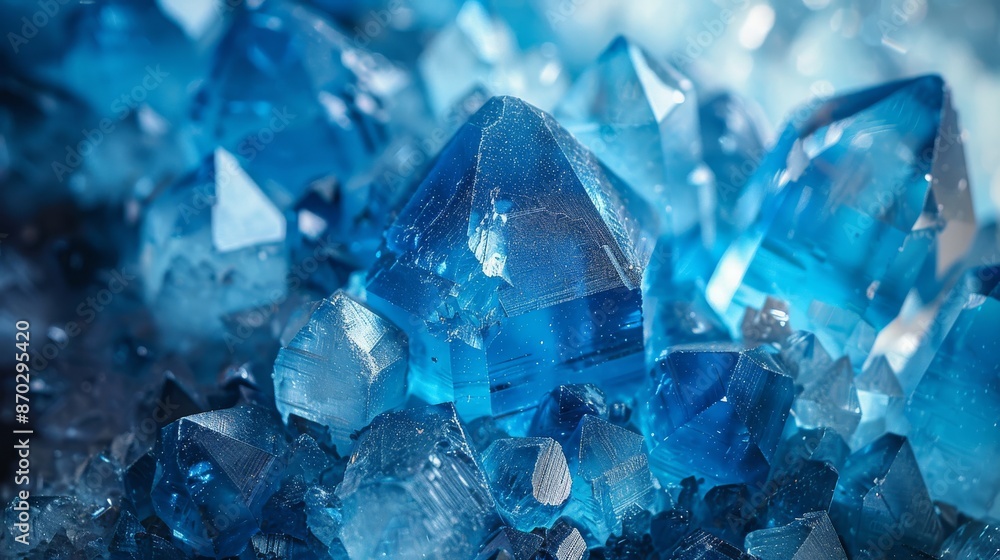 This image features a close-up view of sparkling blue crystals with intricate details and vivid colors, showcasing natural geometrical forms This image features a close-up view of sparkling blue crystals with intricate details and vivid colors, showcasing natural geometrical forms