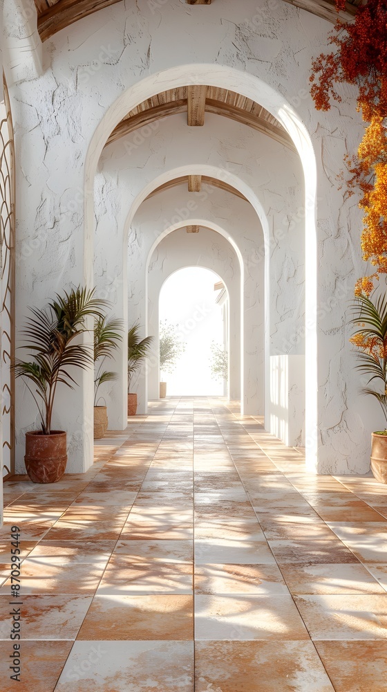 Fototapeta premium Peaceful Mediterranean Villa Backdrop with Pristine White Walls Terracotta Tiles and Golden Sunlight