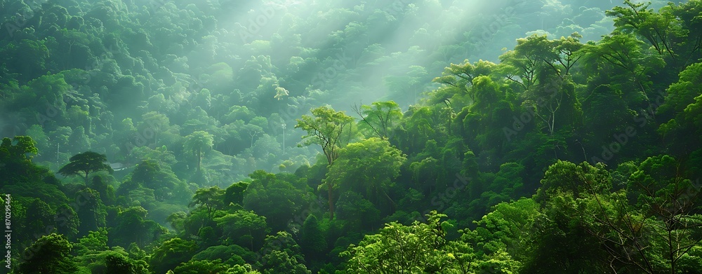 Obraz premium International Day of Forests: A lush forest with diverse trees and wildlife, symbols of conservation. Rich, green tones. copy space for text, sharp focus and clear light, high clarity no grunge,