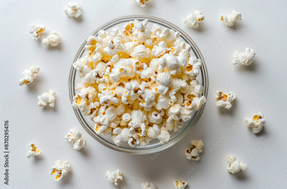 A glass bowl filled with white popcorn sits on a white surface. A few popcorn kernels are scattered around the bowl A glass bowl filled with white popcorn sits on a white surface. A few popcorn kernels are scattered around the bowl