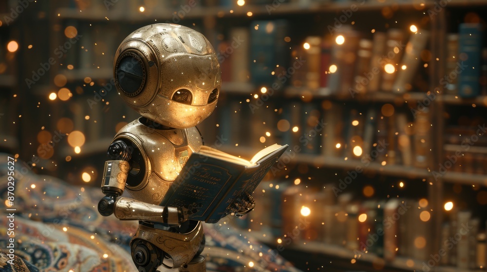 Fototapeta premium Robot Reading a Book in a Library - Generative AI