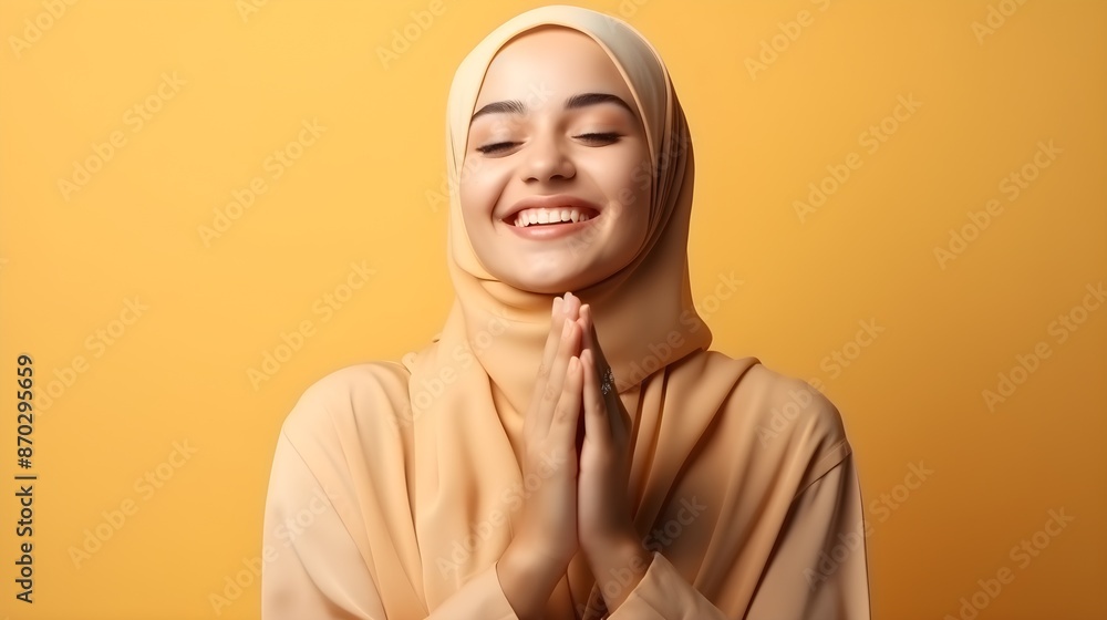 European muslim woman praying to God with hands up on orange background European muslim woman praying to God with hands up on orange background