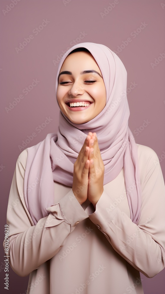 European muslim woman praying to God with hands up on purple background European muslim woman praying to God with hands up on purple background