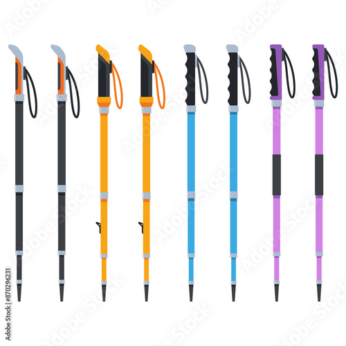 Hiking poles vector cartoon set isolated on a white background.