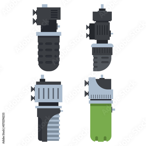Fish tank filters vector cartoon set isolated on a white background.