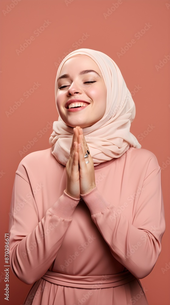custom made wallpaper toronto digitalEuropean muslim woman praying to God with hands up on red background