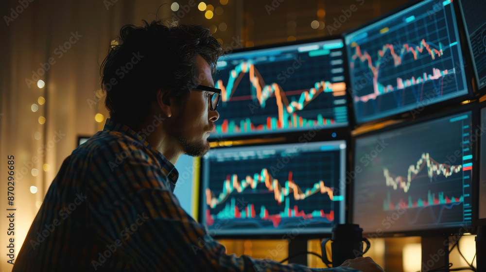 Man Analyzing Stock Market Data on Multiple Computer Monitors in Dark Room Man Analyzing Stock Market Data on Multiple Computer Monitors in Dark Room