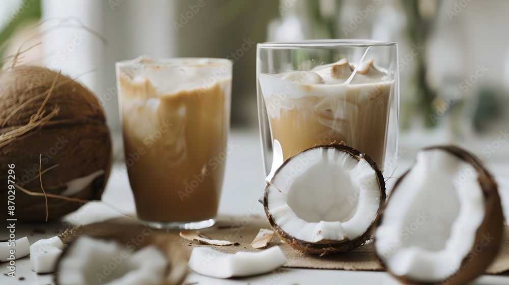 Refreshing Iced Coconut Coffee Drink on Rustic Wooden Table with Natural Lighting Refreshing Iced Coconut Coffee Drink on Rustic Wooden Table with Natural Lighting