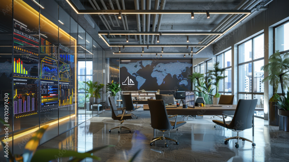 Modern high-tech office with digital screens and data visualizations, large windows, and urban city view Modern high-tech office with digital screens and data visualizations, large windows, and urban city view