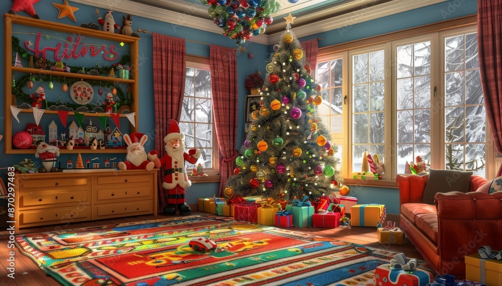 Fototapeta premium Cozy Christmas Room with a Decorated Tree and Gifts