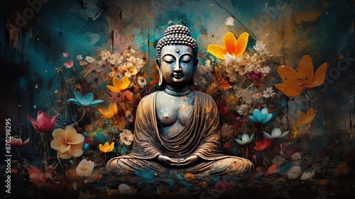 Wallpaper Mural abstract, beautiful Magical, Mystical image of a buddha, painted metal, weathered, flowers, birds, beautiful auro of peaceful energy all around , generated by AI. High quality photo Torontodigital.ca