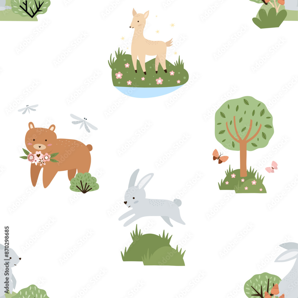 Naklejka premium Vector seamless forest pattern. Cute children's illustration with wild forest, bushes, grass and wild animals in trendy style with texture.