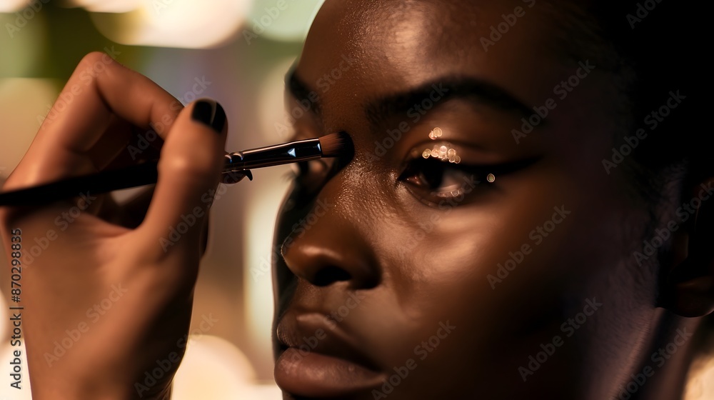 Obraz premium Makeup Carefully Applying Eyeshadow with Precise Brush to Model's Flawless Face