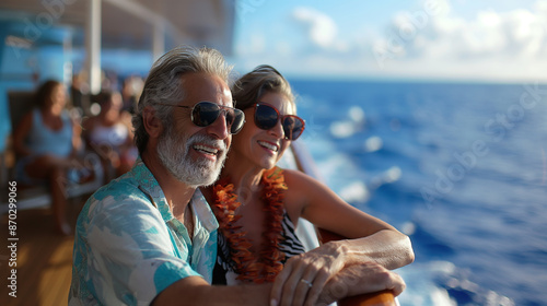 Beautiful retired senior couple enjoying cruise vacation photo