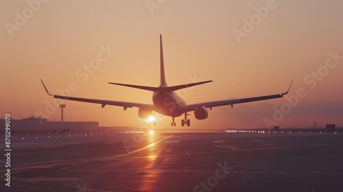 Commercial Airplane Landing During Vibrant Sunset at Airport Runway