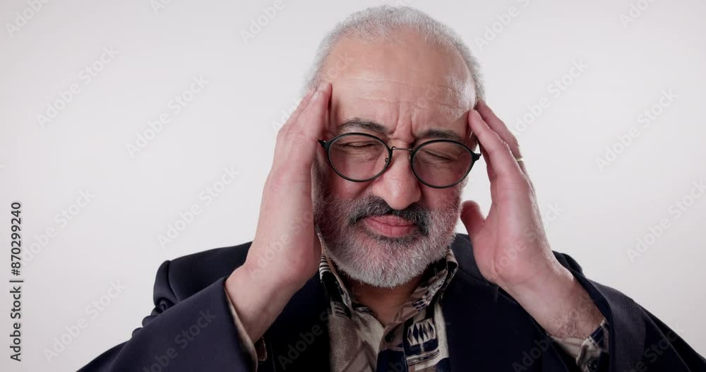 Migraine, glasses and senior man in studio with pain for confused, burnout or vertigo on white background. Sore, headache and elderly person with for massage temple, anxiety or memory problem