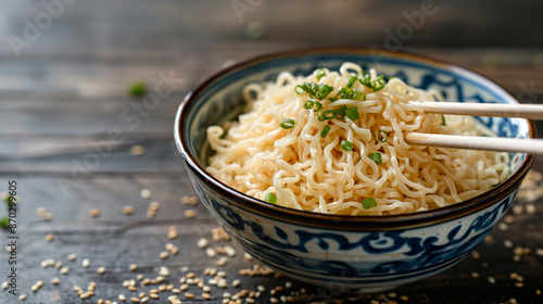  Close-up of delicious Chinese noodles in a traditional bowl