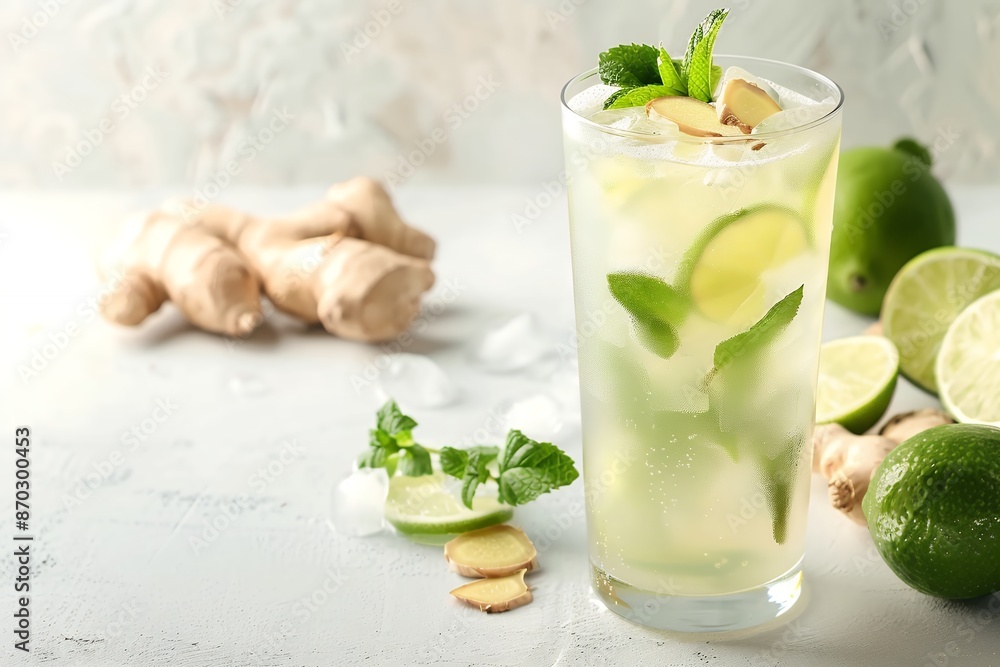 Photo of a ginger and lime mocktail in a tall glass with mint leaves and ginger chips on a white table with a light background, taken from the side, with space for copy text Photo of a ginger and lime mocktail in a tall glass with mint leaves and ginger chips on a white table with a light background, taken from the side, with space for copy text