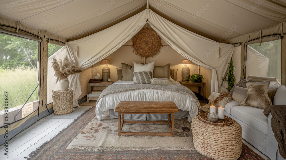 Glamping tent with comfortable bedding and outdoor seating area
Glamping tent with comfortable bedding and outdoor seating area