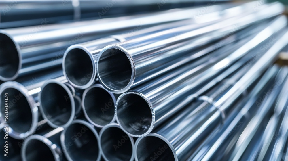 A close-up view of a stack of shiny steel pipes in a workshop or factory setting. The pipes are neatly arranged, their smooth surfaces reflecting the ambient light A close-up view of a stack of shiny steel pipes in a workshop or factory setting. The pipes are neatly arranged, their smooth surfaces reflecting the ambient light