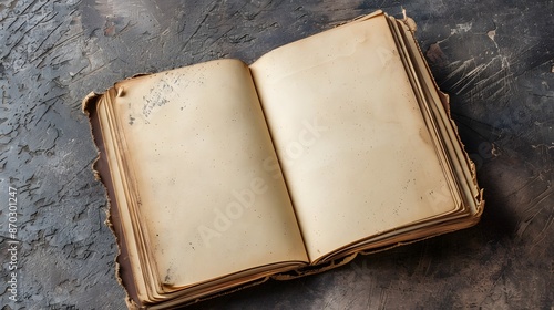 A homemade book laying on the ground open with blank pages- Handmade paper in a leather bound binding- A vintage-antique book- a rustic book background- dark ages look- vintage background- blank pages