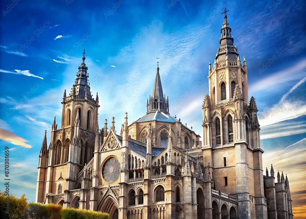 Fototapeta premium Majestic Toledo Cathedral rises against a brilliant blue sky, its Gothic spires and ornate stone carvings a testament to Spain's rich cultural heritage.