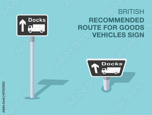 Traffic regulation rules. Isolated British "recommended route for goods vehicles" road sign. Front and top view. Flat vector illustration template.
