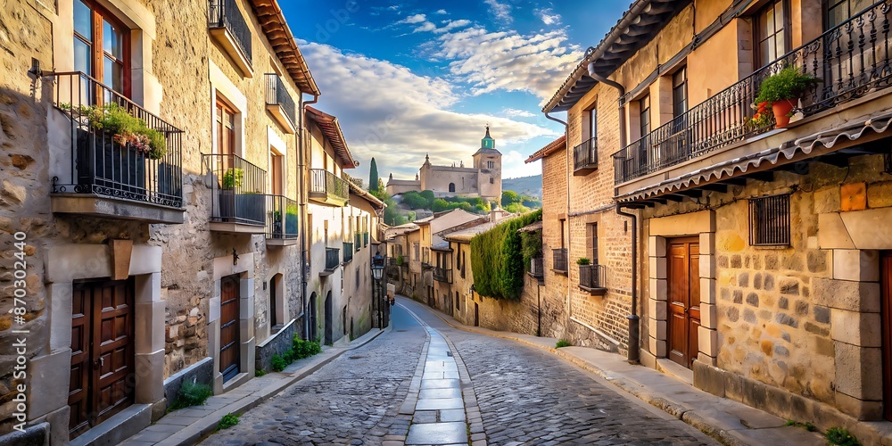 Fototapeta premium Narrow cobblestone streets of historic Toledo Spain winding through ancient buildings with ornate stone facades and decorative iron balconies under clear blue sky.