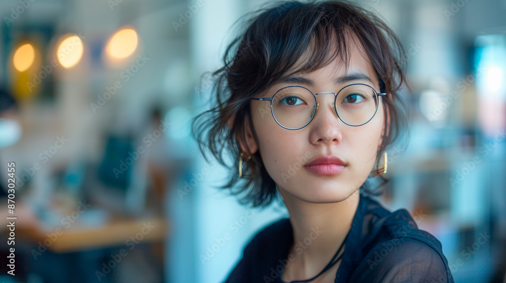 Portrait young asian professional woman face with a classic bob hair, confidently presenting a new product in a sleek modern office. Portrait young asian professional woman face with a classic bob hair, confidently presenting a new product in a sleek modern office.