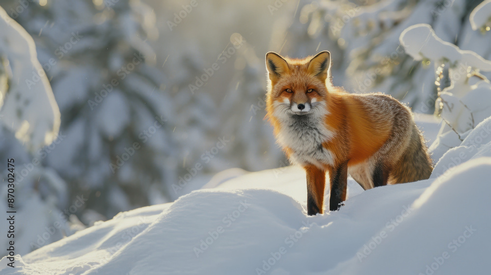 Fototapeta premium Red fox standing on snowy ground in winter forest