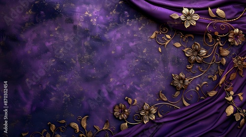 Ornate Royal Tapestry With Gold Embroidery On A Plush Purple Velvet Texture Background © Bussakon