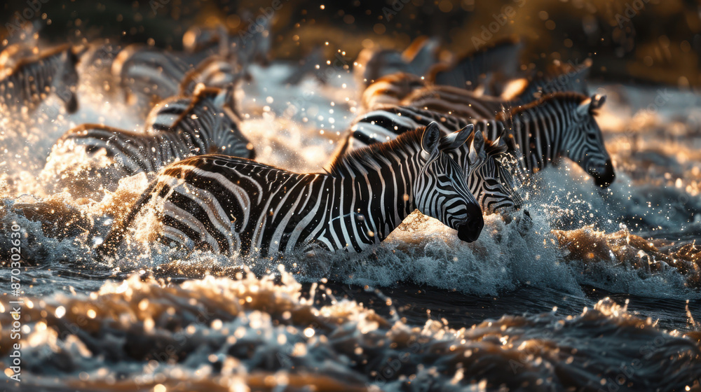 Fototapeta premium Zebras running through river water during migration at sunrise in African savannah