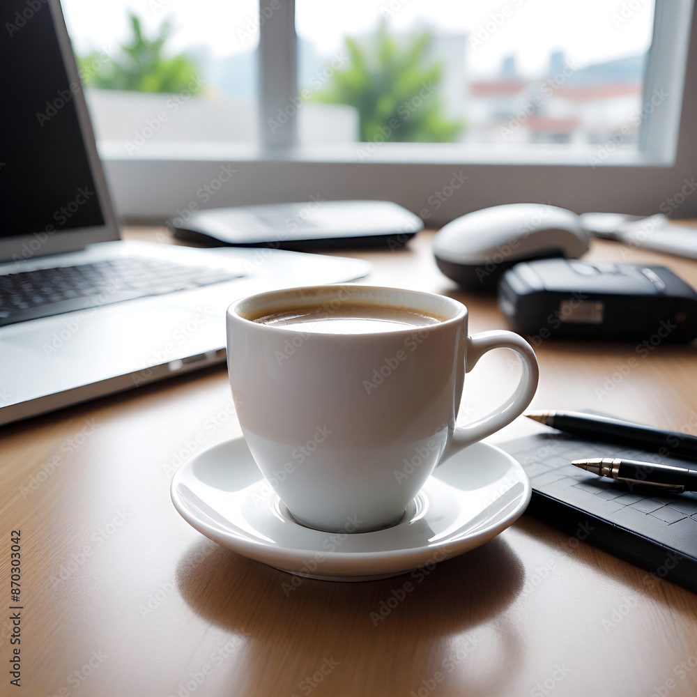 A steaming cup of coffee sits beside a laptop on a brown desk, ready for a morning of work Generative AI A steaming cup of coffee sits beside a laptop on a brown desk, ready for a morning of work Generative AI