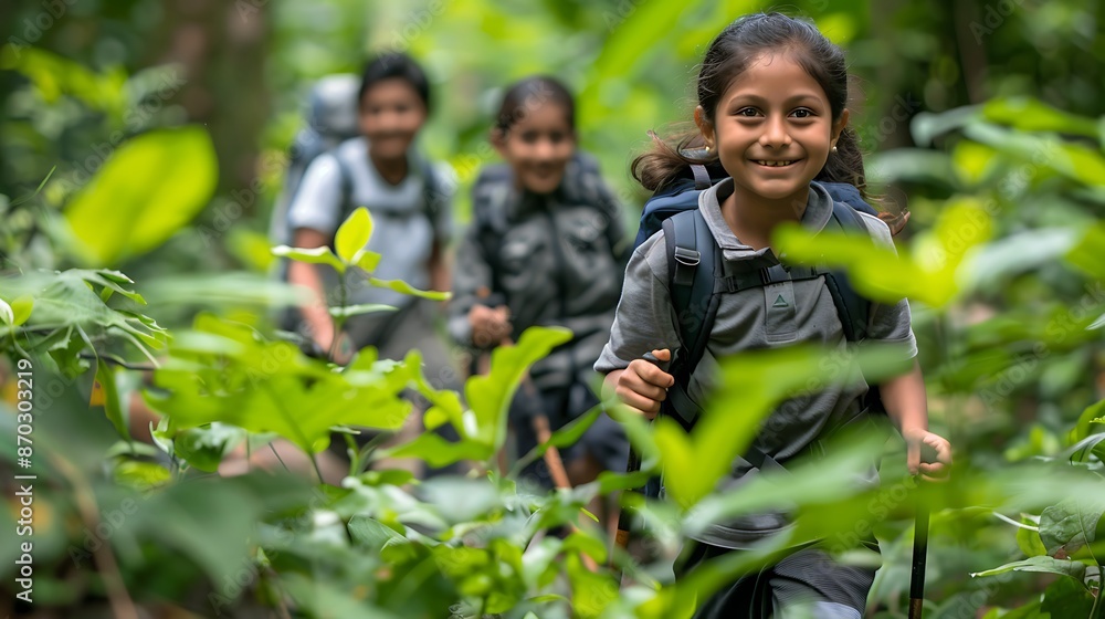 A South Asian family hikes through a lush forest, parents teaching their children about nature. Backpacks, walking sticks, and curious faces capture the spirit of exploration. A South Asian family hikes through a lush forest, parents teaching their children about nature. Backpacks, walking sticks, and curious faces capture the spirit of exploration.